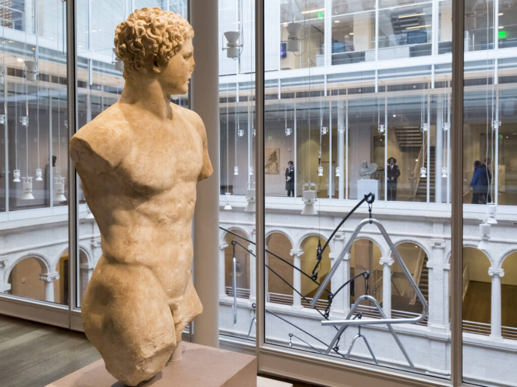 A sculpture displayed inside the Harvard Art Museums