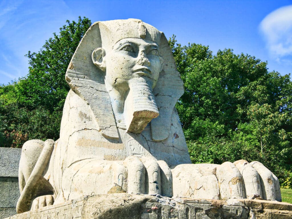 View of the huge Egyptian Sphinx stone sculpture in Crystal Palace Park