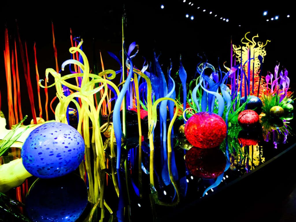 View of the colorful sculptures inside Chihuly Garden and Glass