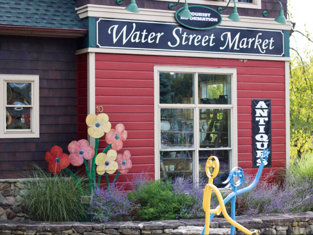 The colorful sculptures outside the Water Street Market