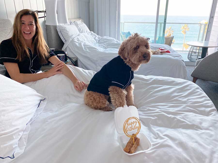 A woman and a dog on the bed of one of the room in Seabird Resort