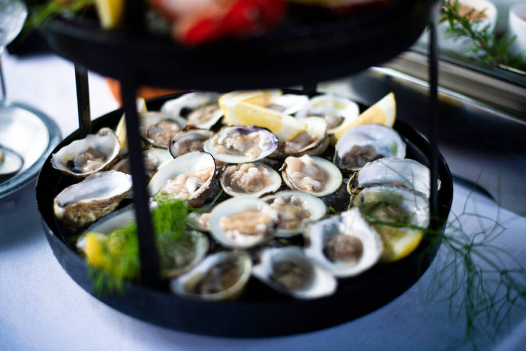 A serving tower of seafoods