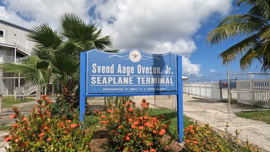 The Svend Aage Ovesen Jr. Seaplane Terminal signage on the entrance