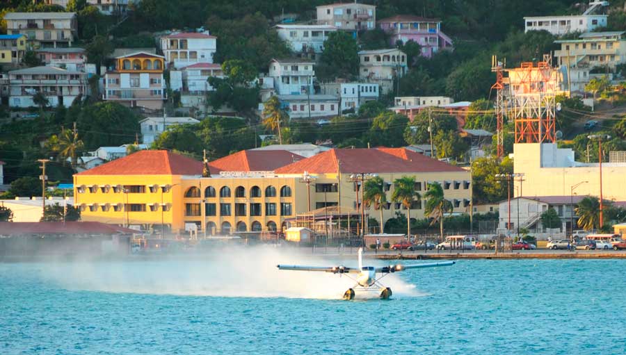 View of a seaplane taking off in Charlotte Amalie
