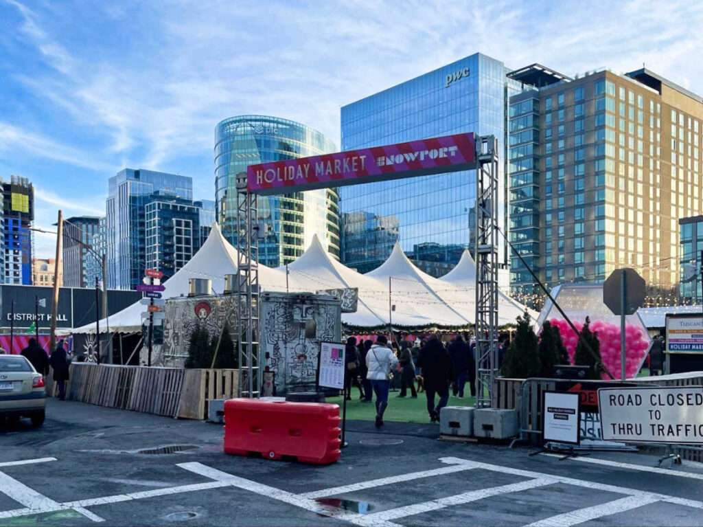 The entrance sign to the Holiday Market of Seaport
