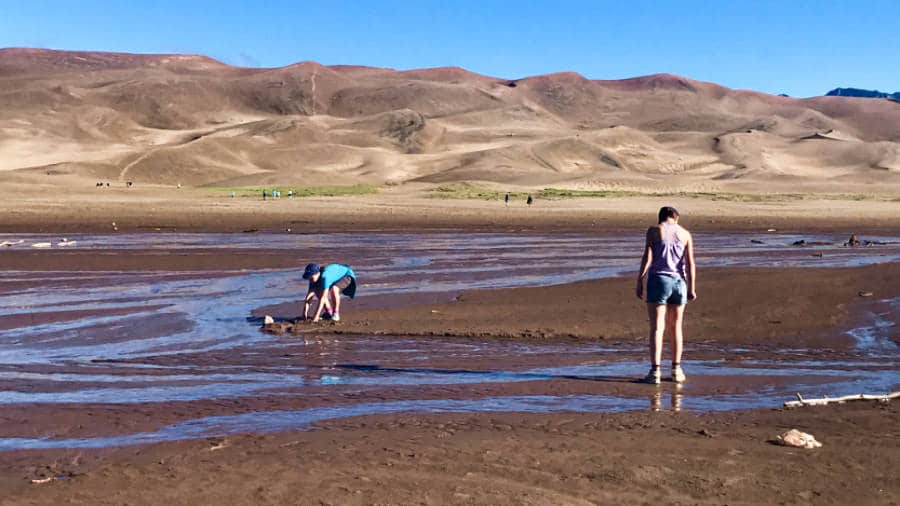 People playing at Medano Creek in the Great Sand Dunes National Park