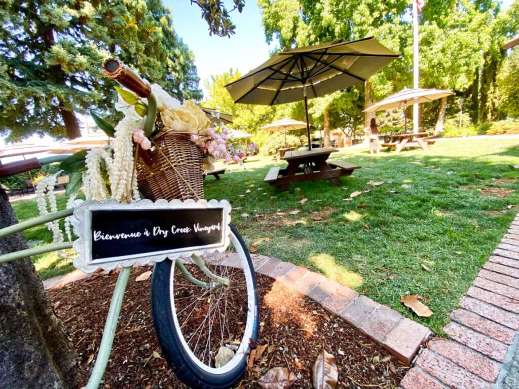A displayed bicycle near the outdoor seating area at Dry Creek Vineyard