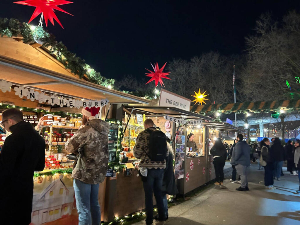 View of people at the Seattle Center’s Christmas Market