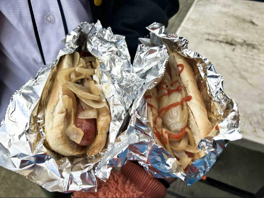Two hotdogs in a bun wrapped in an aluminum foil