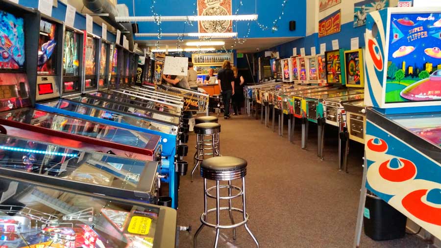 View of pinball machines inside the Seattle Pinball Museum