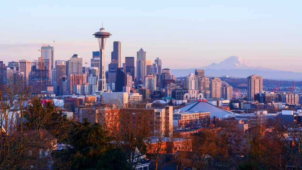Aerial view of the Space Needle and Seattle skyline at sunset