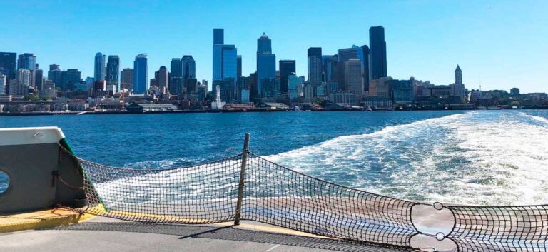 View of buildings in Seattle from a ferry
