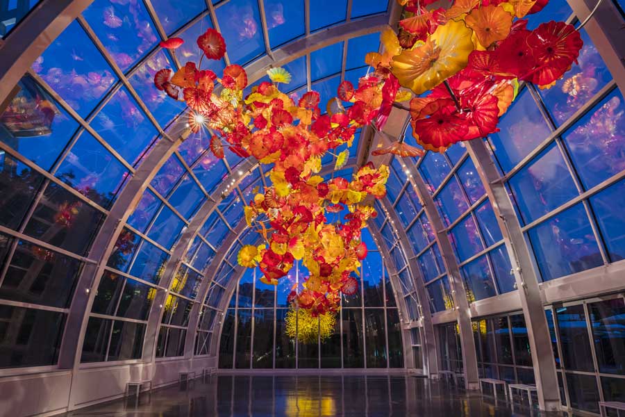 Flowers hanging on a glass architecture in Chihuly Garden and Glass at night