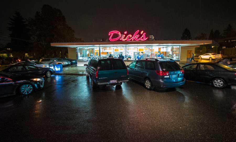 View of cars parked outside Dick's in Seattle