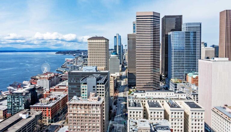 Aerial view of Seattle's waterfront district