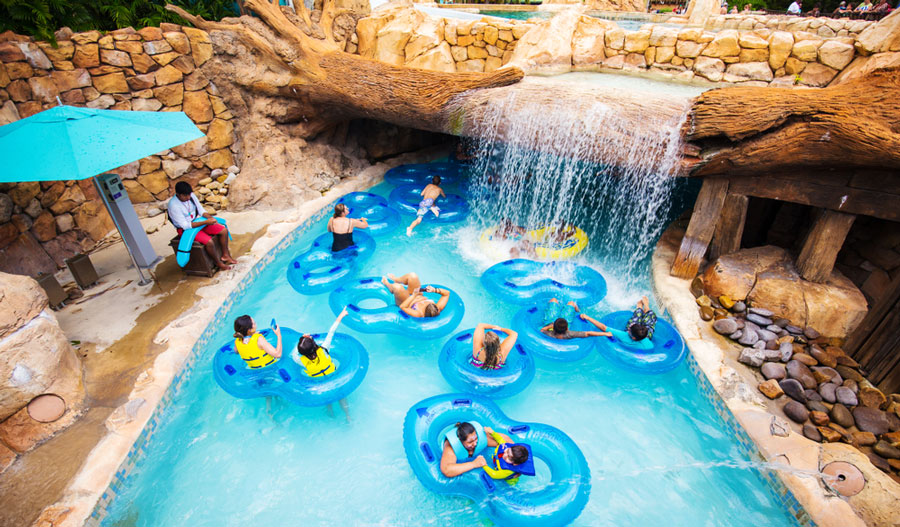 View of people with their inflatable floater in Seaworlds Aquatica