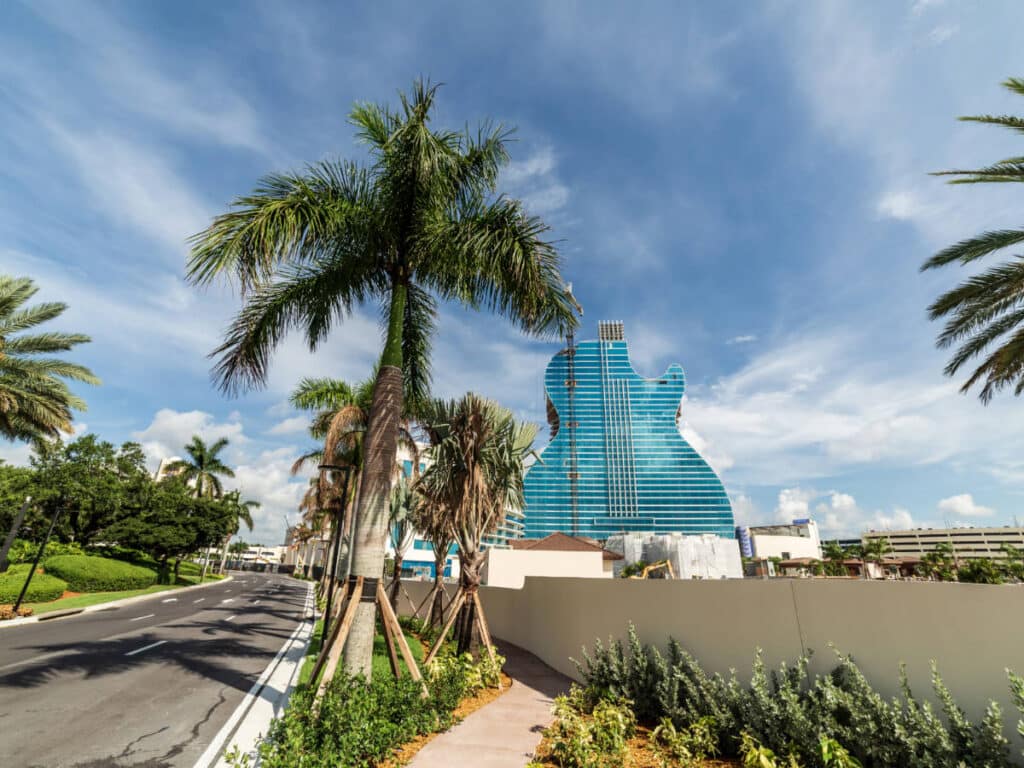 Blue sky over the building of Seminole Hard Rock Hotel and Casino in Fort Lauderdale