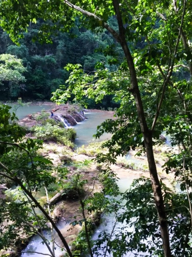 View of the cascading down water surrounded by greenery in Semuc Champey
