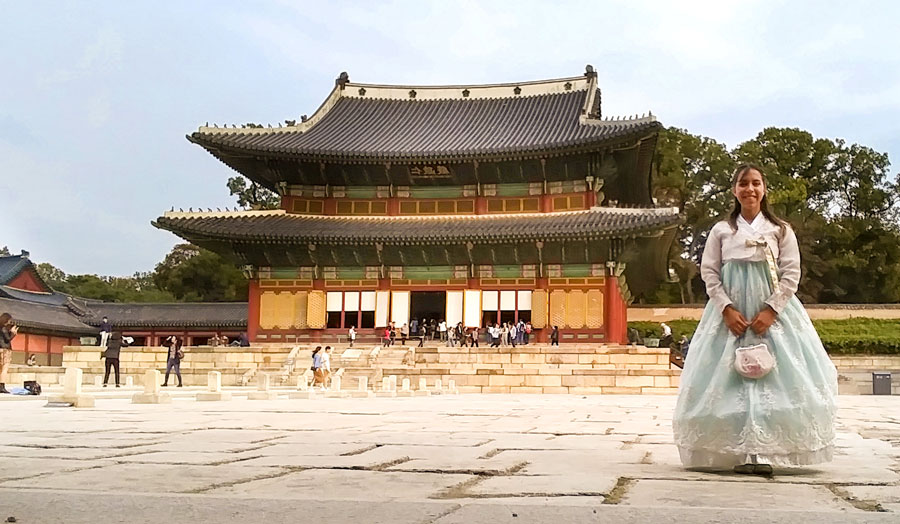 The author wearing a hanbok during her work exchange in South Korea