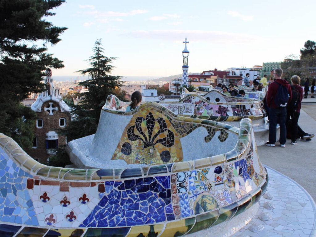 Close up view of colorful tilework in Serpentine Bench