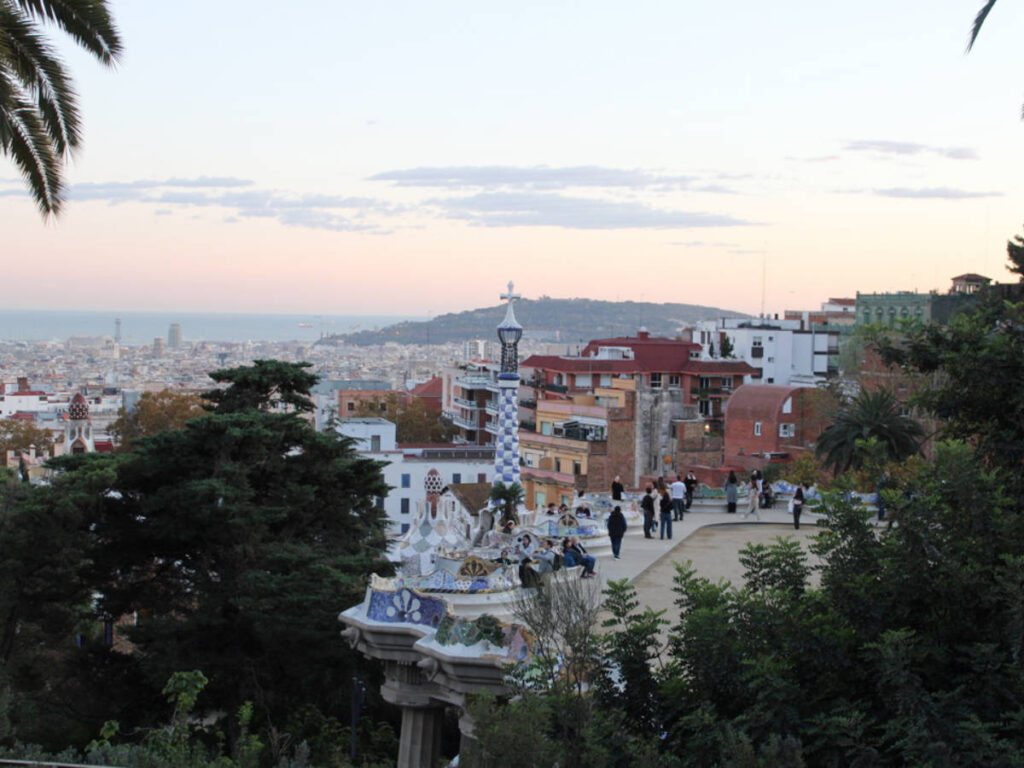 View over the Serpentine Bridge in Barcelona during sunset