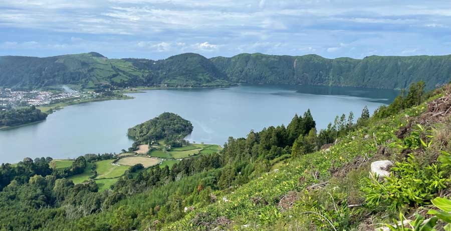 Overlooking view of a lake in Sete Cidades