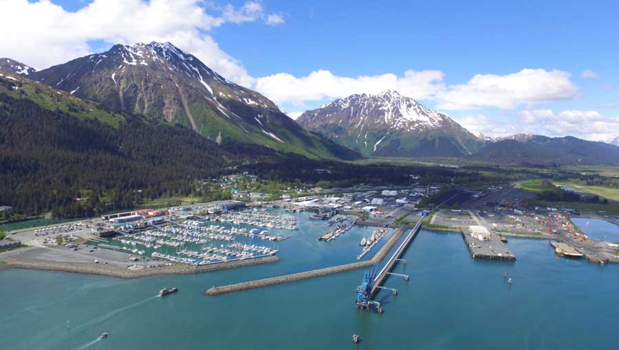 Aerial view of boats at the Seward Boat Harbor