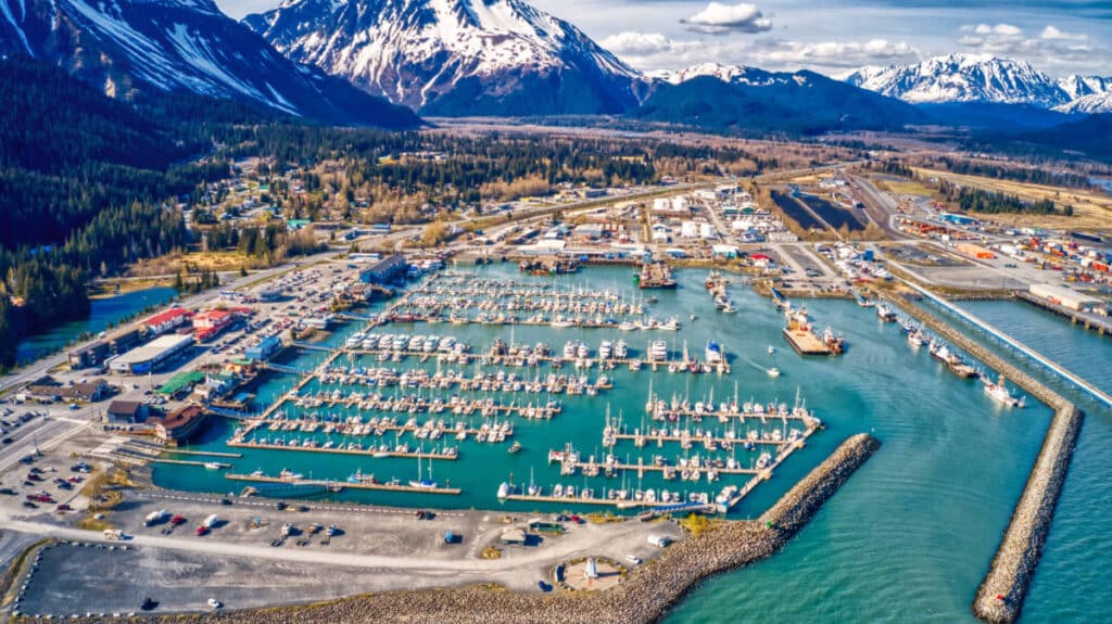 Aerial view of Seward with scenic mountain views in the background