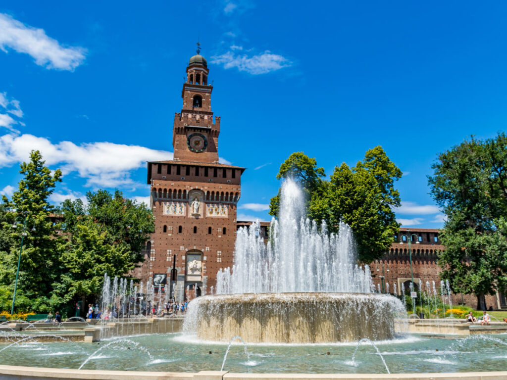 Main entrance to the Sforza Castle and fountain in front