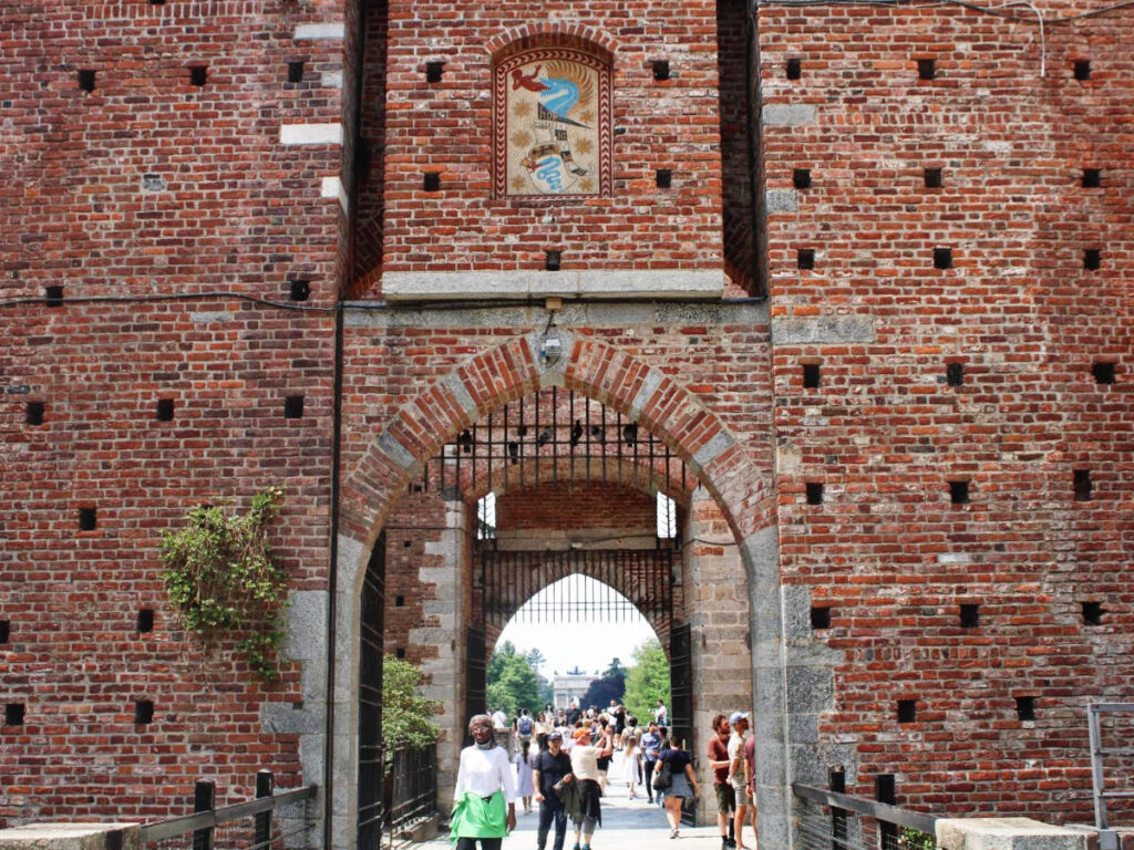 View of people entering the Sforzesco Castle