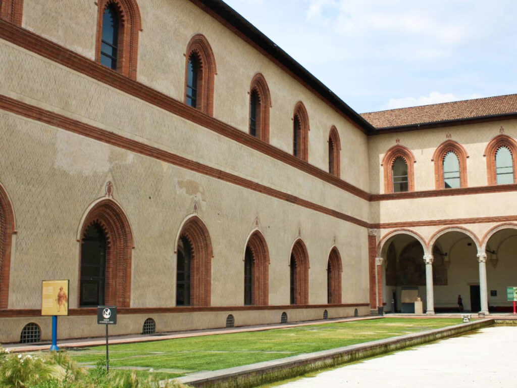 View of the archway architecture of Sforzesco Castle in Milan