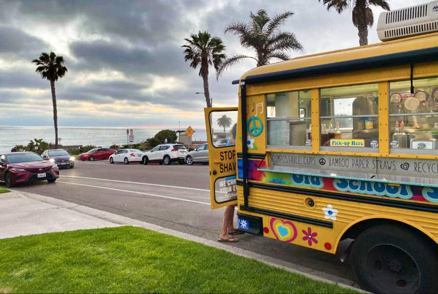 Shaved ice dessert in an old school bus at Encinitas Coaster Station parking lot.