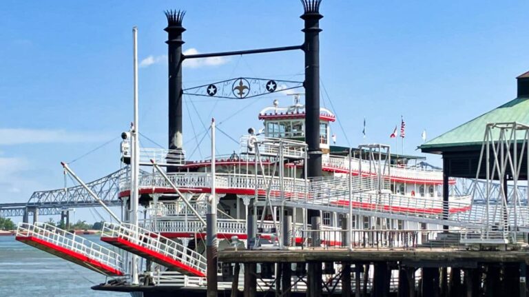 A huge ship docked in a marina in Baton Rouge