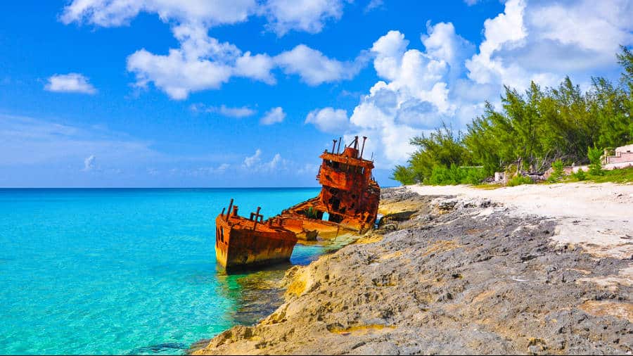 View of the rusty shipwreck along Bimini’s Coast