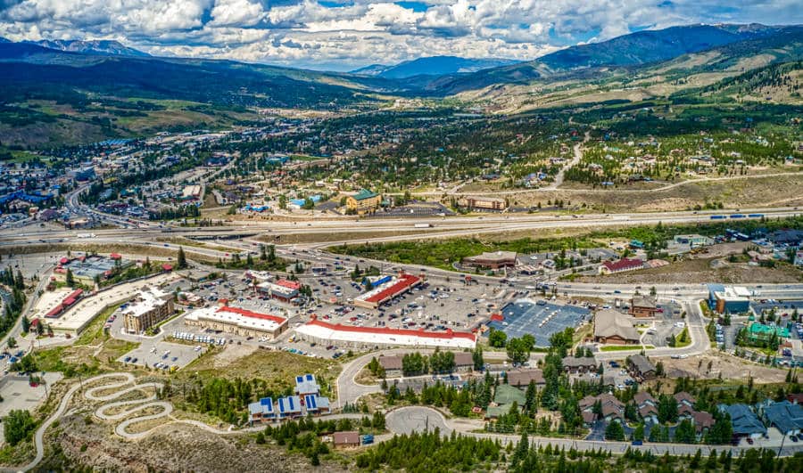 Aerial view of the outlets at Silverthorne with a scenic view of the mountains