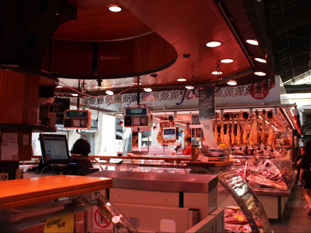 View of local shops at the La Boqueria Market