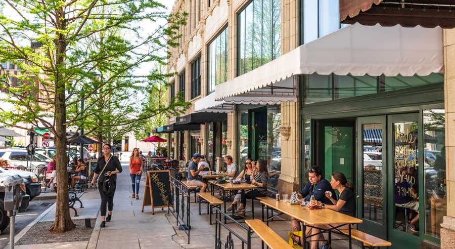 View of people and shops at Downtown Asheville