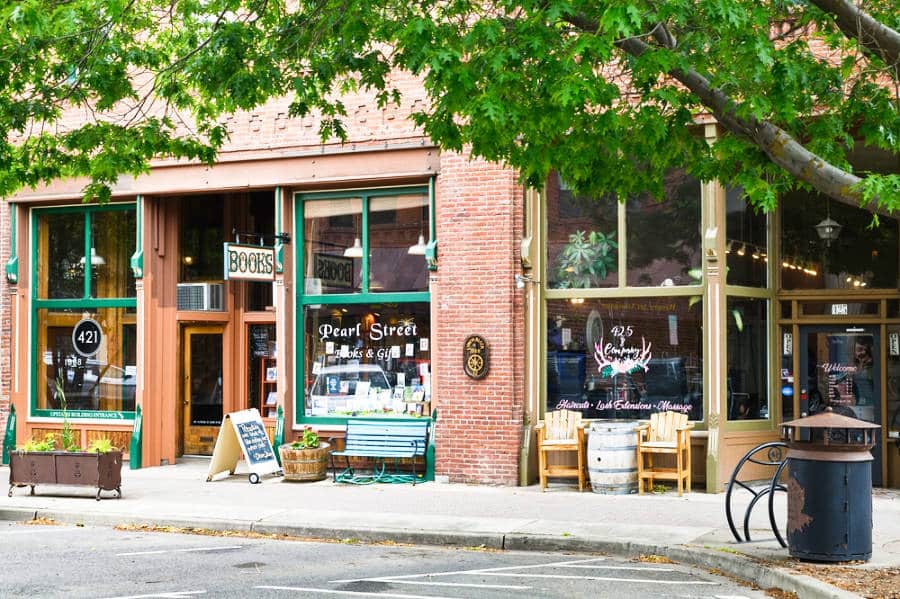 View of the shops in downtown Ellensburg from across the street