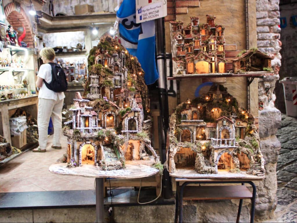 View of the displayed unique goods along Spaccanapoli in Naples