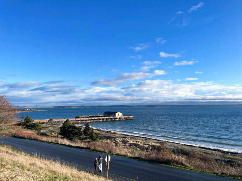 Overlooking view of the people walking near the shore at Fort Worden