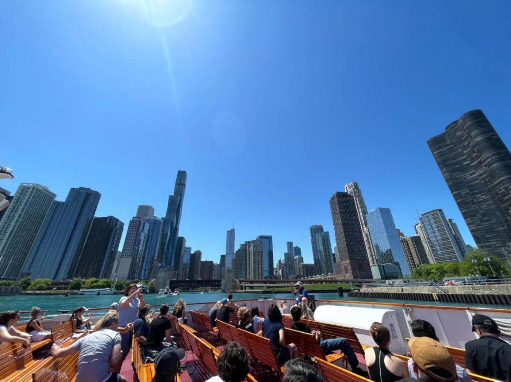 Clear blue sky over the people who joined the Shoreline Boat Tour