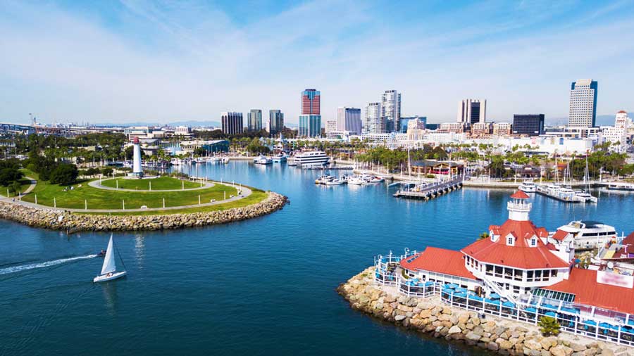 Aerial view of Shoreline Village and Downtown Long Beach