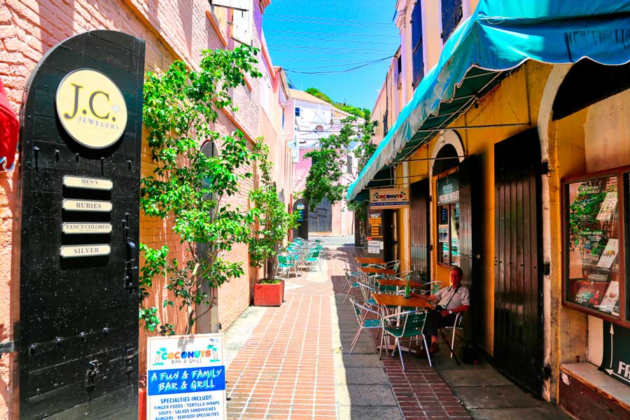 View of the side street in Charlotte Amalie's shopping district