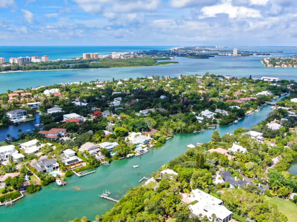 Aerial view of the lush Siesta Key in Sarasota Barrier Islands