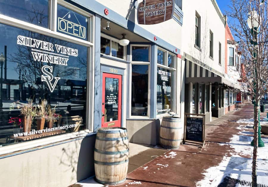 Exterior view of the Silver Vines Winery with shops nearby