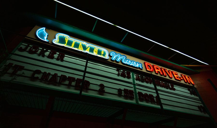 The Silvermoon Drive-In Theater sign on the entrance