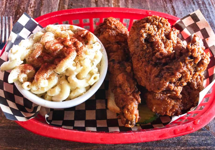 Breaded chickens and mac and cheese from Sisters and Brothers