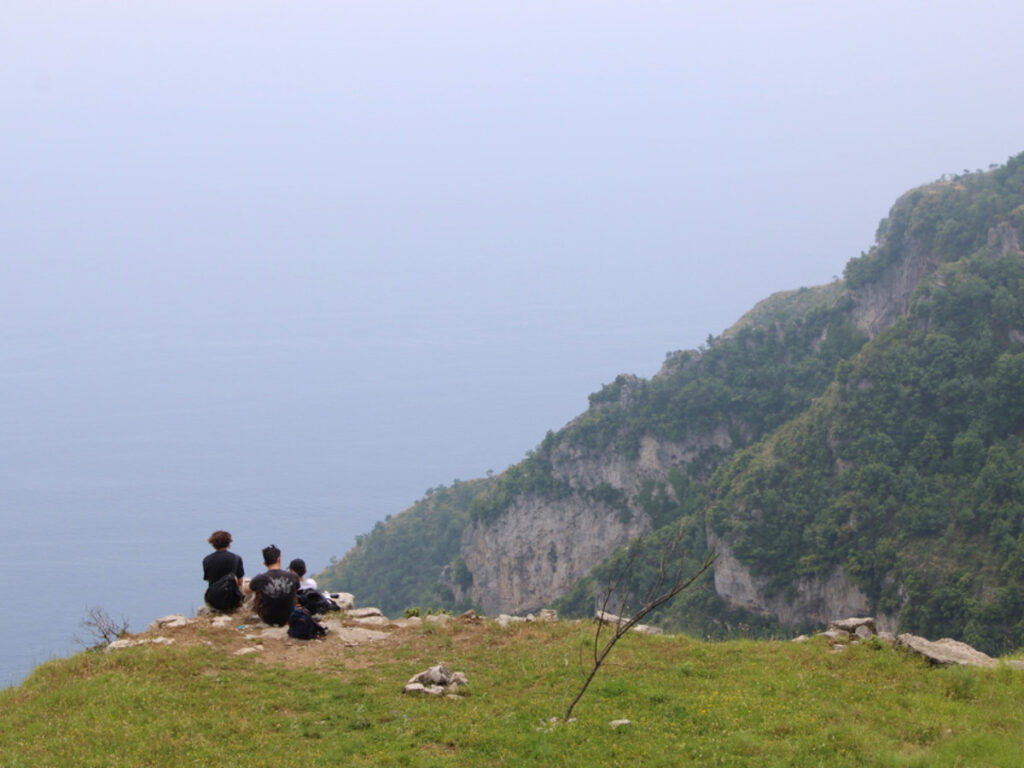 A group gazing at the ocean from a peak on the trail