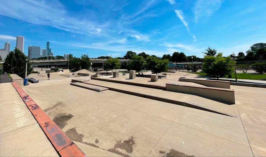 A skate park in Grant Park during a sunny morning