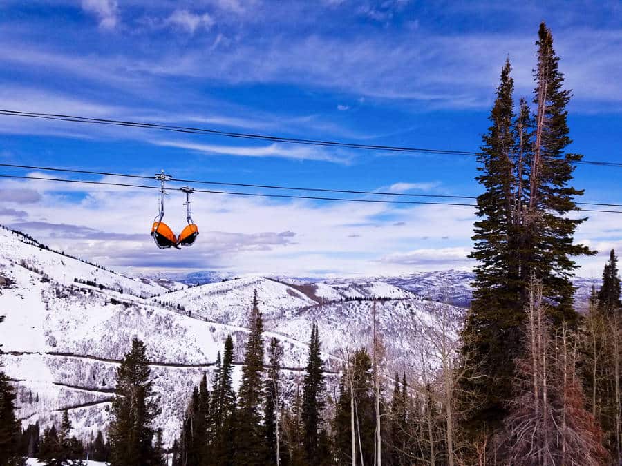 View of the ski lifts with the snow covered mountain view in Park City, during winter